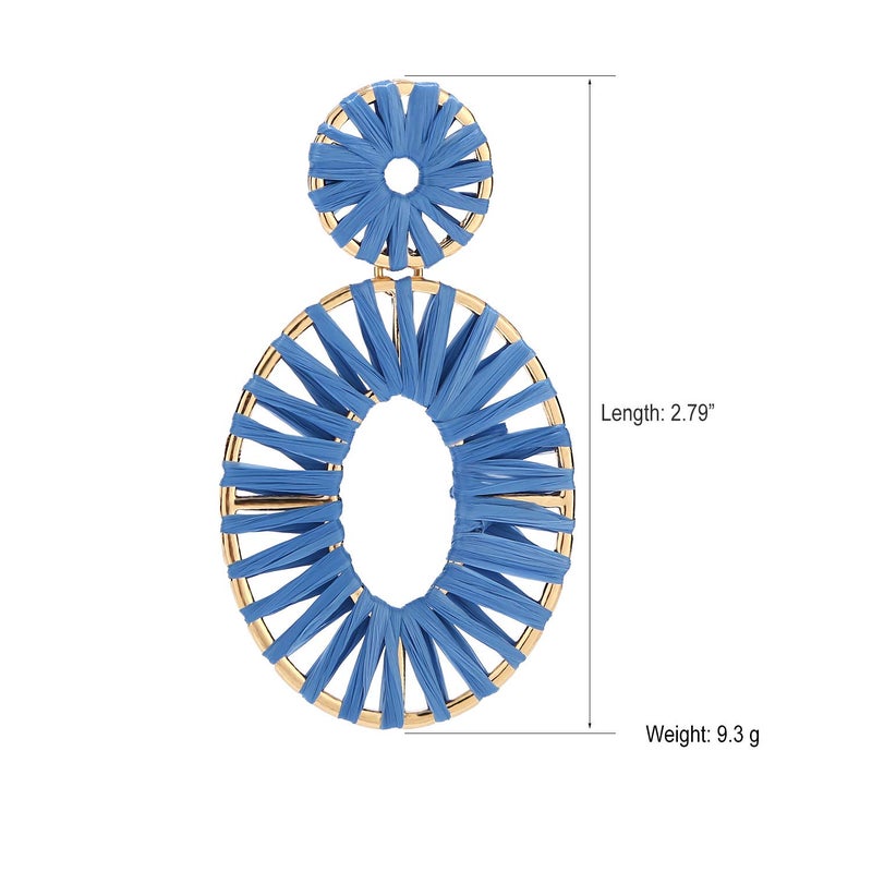 BaubleStar Kiera Raffia Tassel Fringe Rattan Hoop Drop Statement Earrings for Women Blue Tiered Thread Handmade Round Oval Cirle Dangle Fashion Jewelry - Image 4
